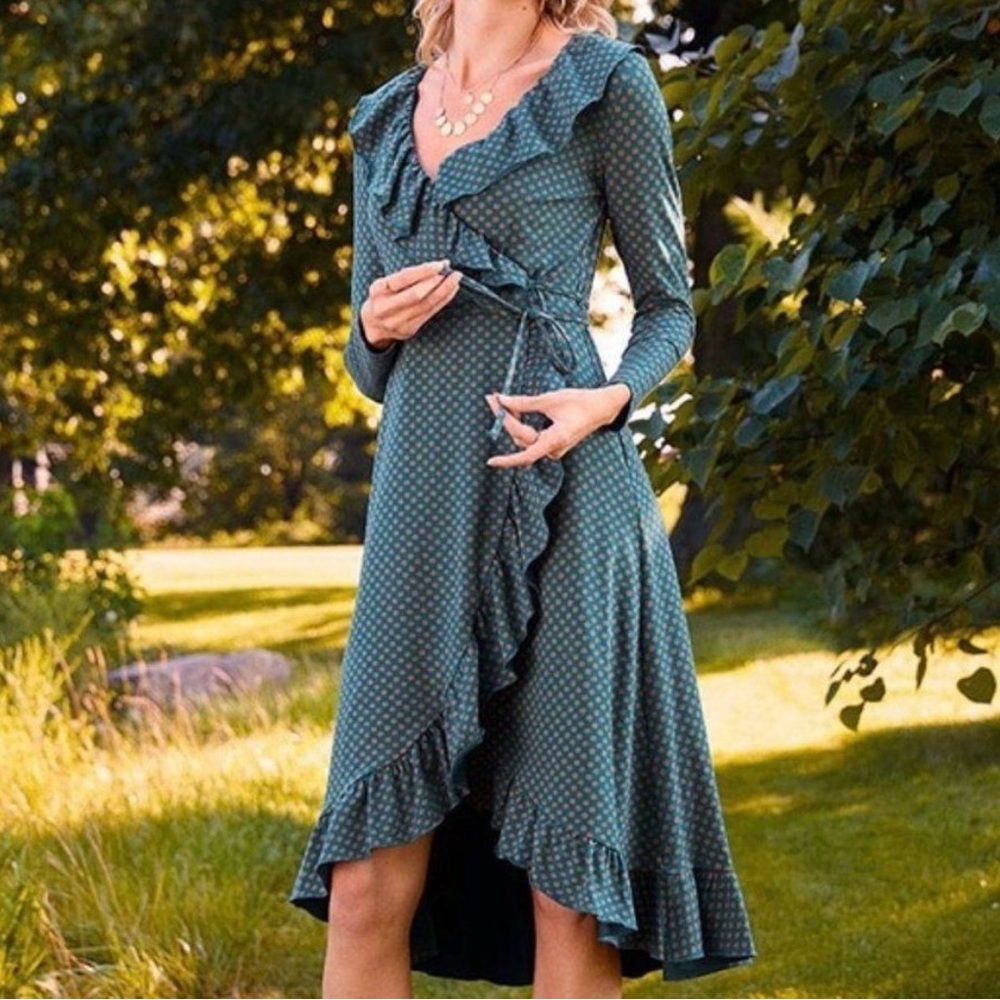 Matilda Jane Cotton Blue and Orange Polka Dot Ruffle Asymmetrical Wrap Dress S